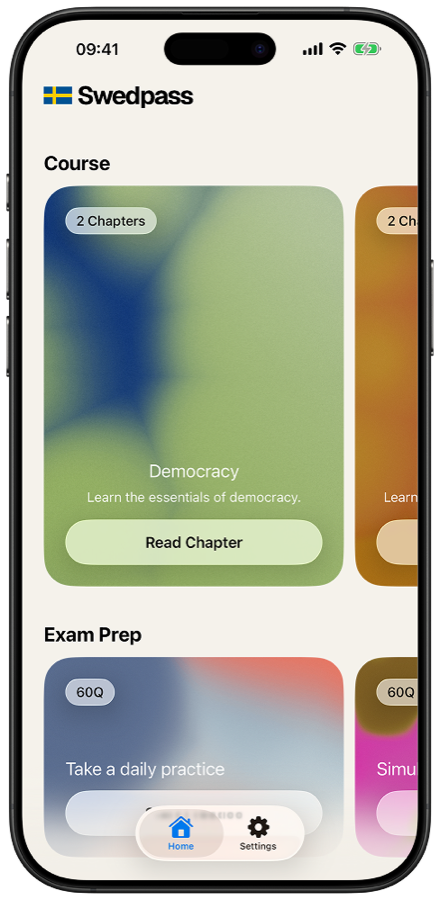 Swedpass home screen showing course topics and exam practice