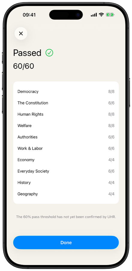 Exam result screen showing 60 out of 60 with a per-topic breakdown